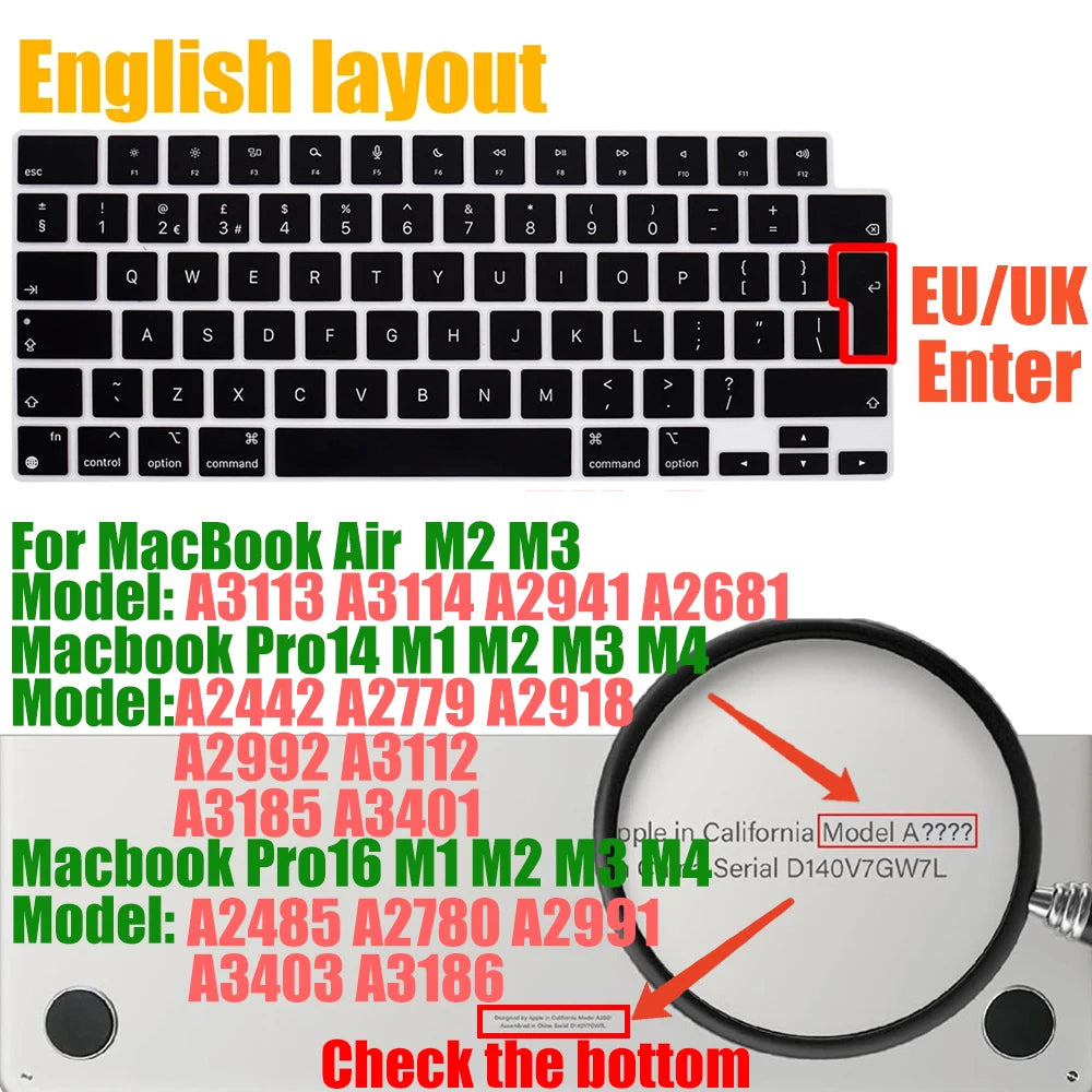 Keyboard Cover for MacBook Pro/Air 2022–2024 M1–M4 Chip 14–16 Inch